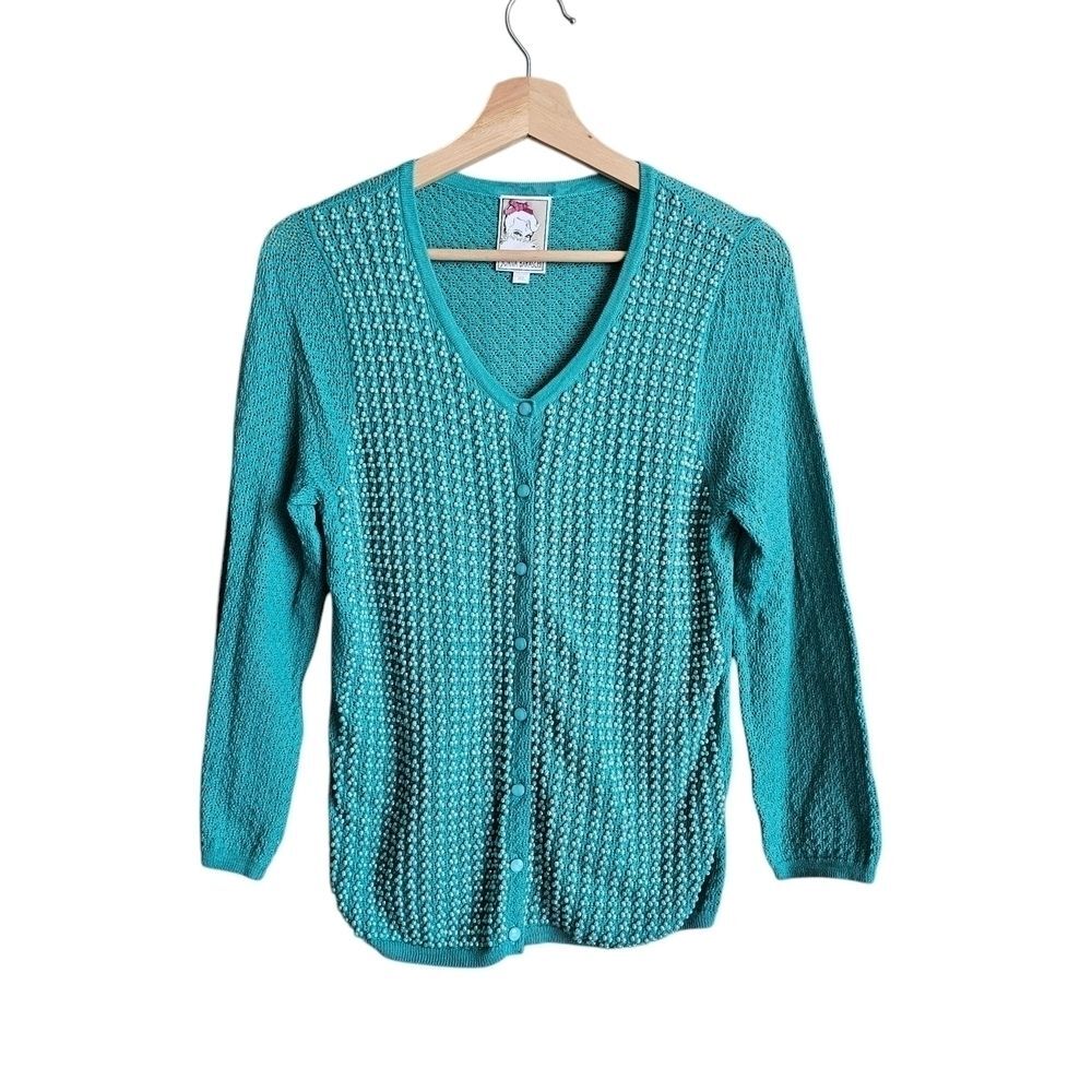 Yoana Baraschi teal Blue retro Beaded Green Crochet Cardigan Sweater Size XL